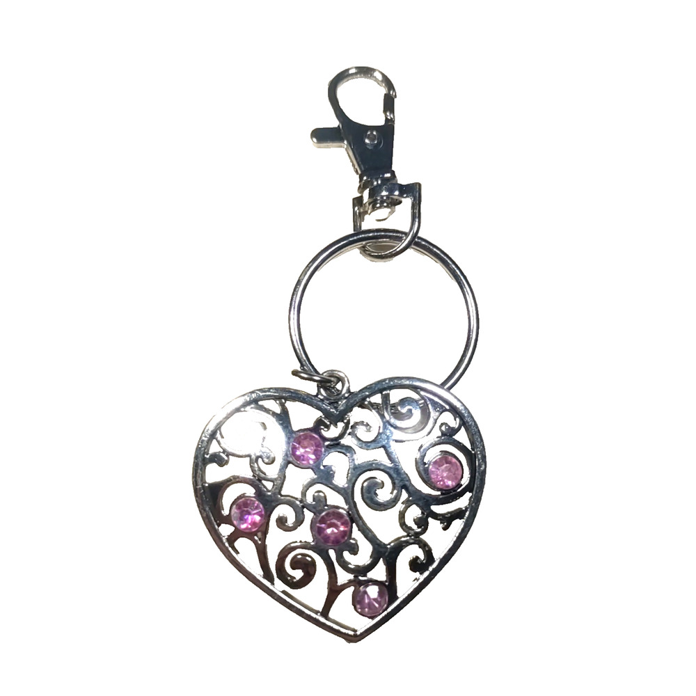 Heart Keychain Purse Clip Pink Rhinestone Swirls Metal Silver Tone